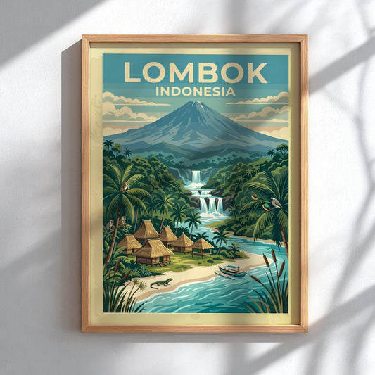 Lombok Indonesia travel poster featuring a volcanic landscape, tropical jungle, waterfalls, and huts.