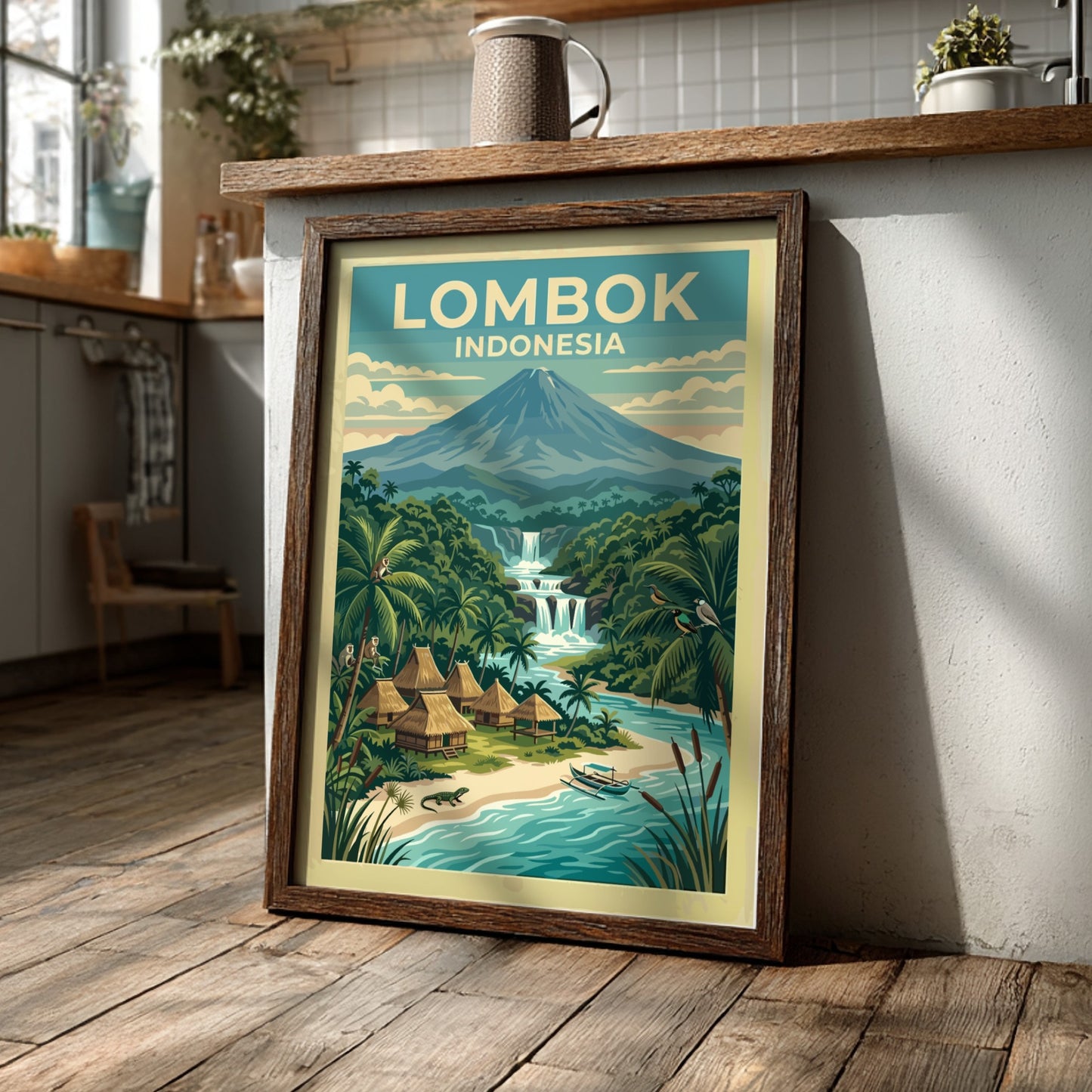 Lombok Indonesia travel poster featuring a volcanic landscape, tropical jungle, waterfalls, and huts.