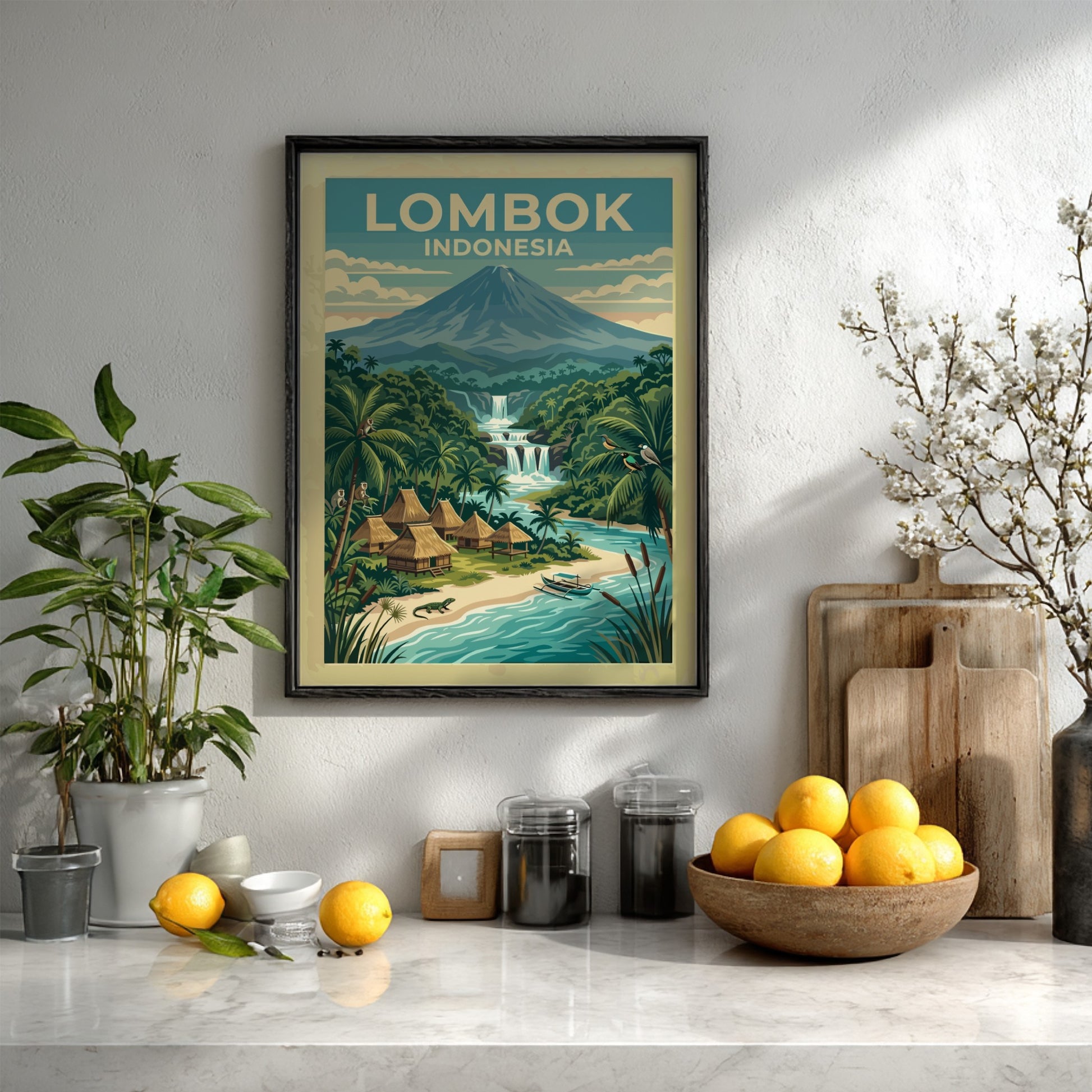 Lombok Indonesia travel poster featuring a volcanic landscape, tropical jungle, waterfalls, and huts.