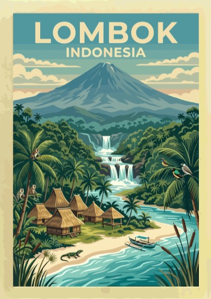 Lombok Indonesia travel poster featuring a volcanic landscape, tropical jungle, waterfalls, and huts.