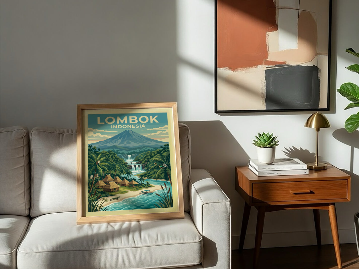 Lombok Indonesia travel poster featuring a volcanic landscape, tropical jungle, waterfalls, and huts.