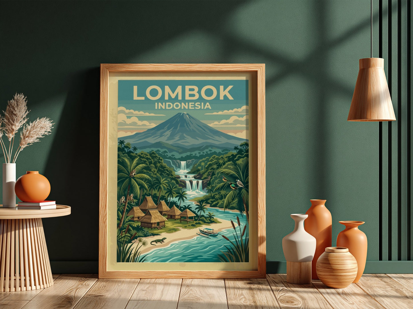 Lombok Indonesia travel poster featuring a volcanic landscape, tropical jungle, waterfalls, and huts.