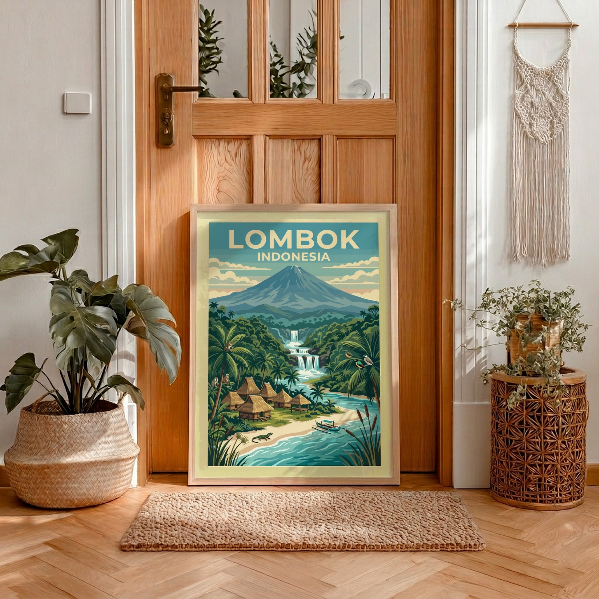 Lombok Indonesia travel poster featuring a volcanic landscape, tropical jungle, waterfalls, and huts.