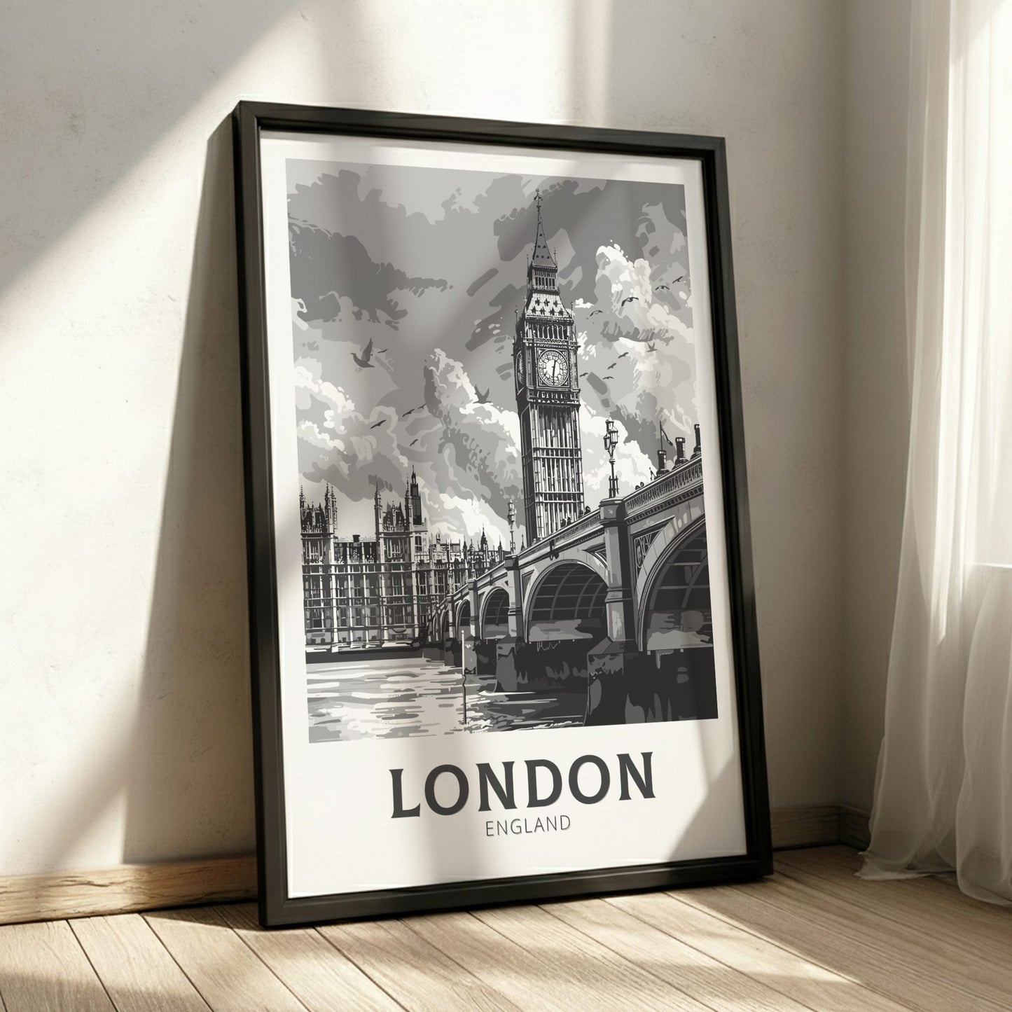 London black and white travel poster on a black frame