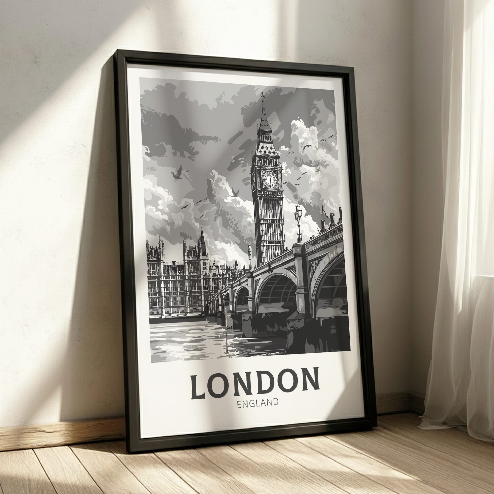 London black and white travel poster on a black frame