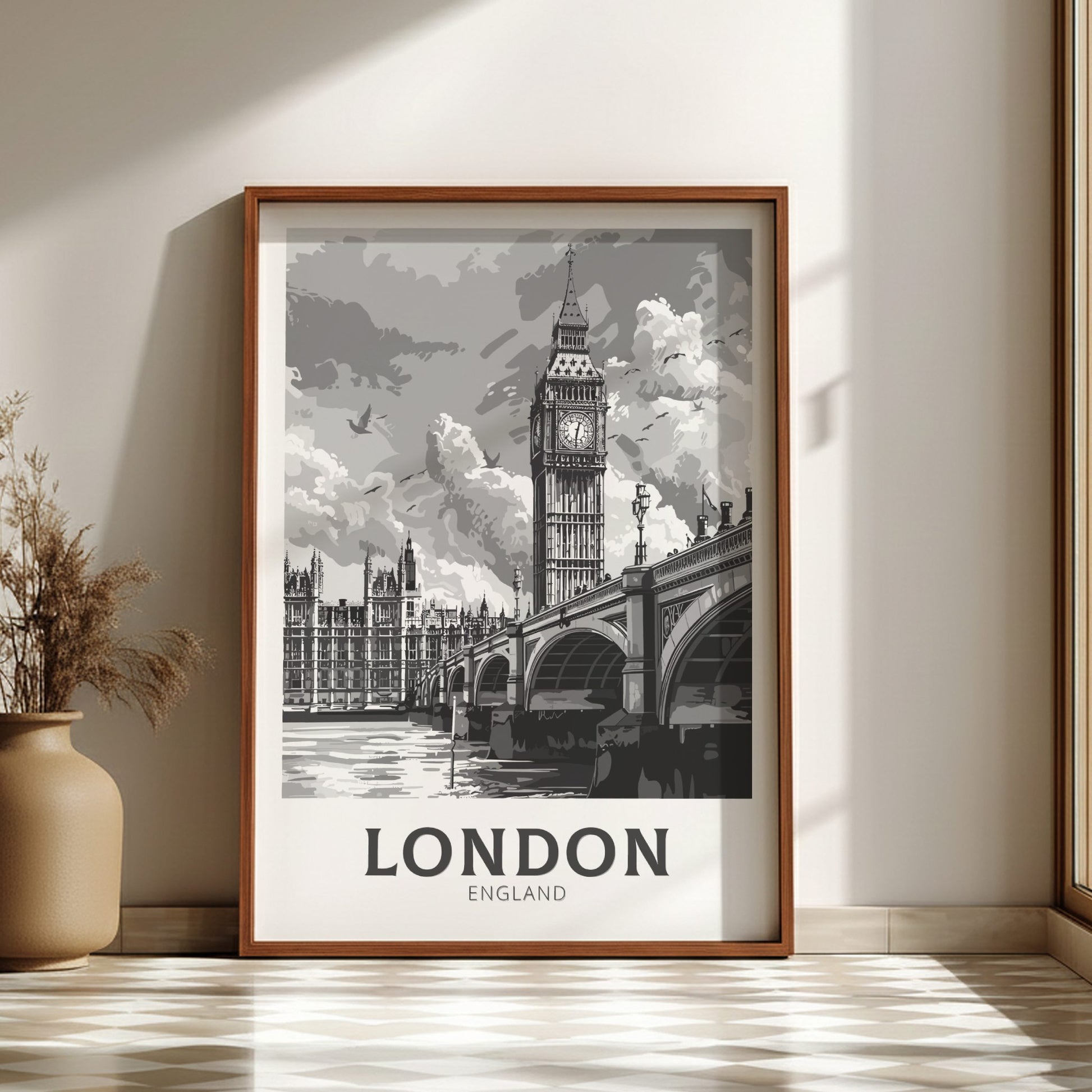 London black and white travel poster on a dark wood frame