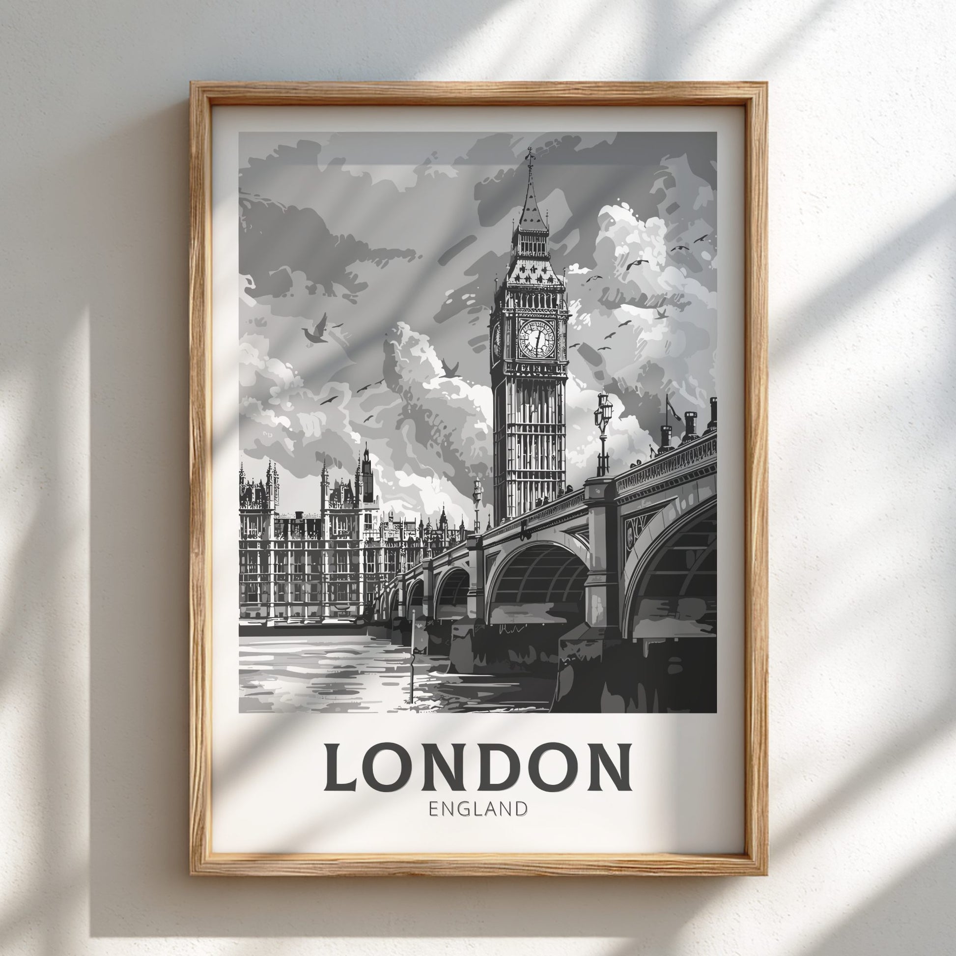 London black and white travel poster on a natural oak frame