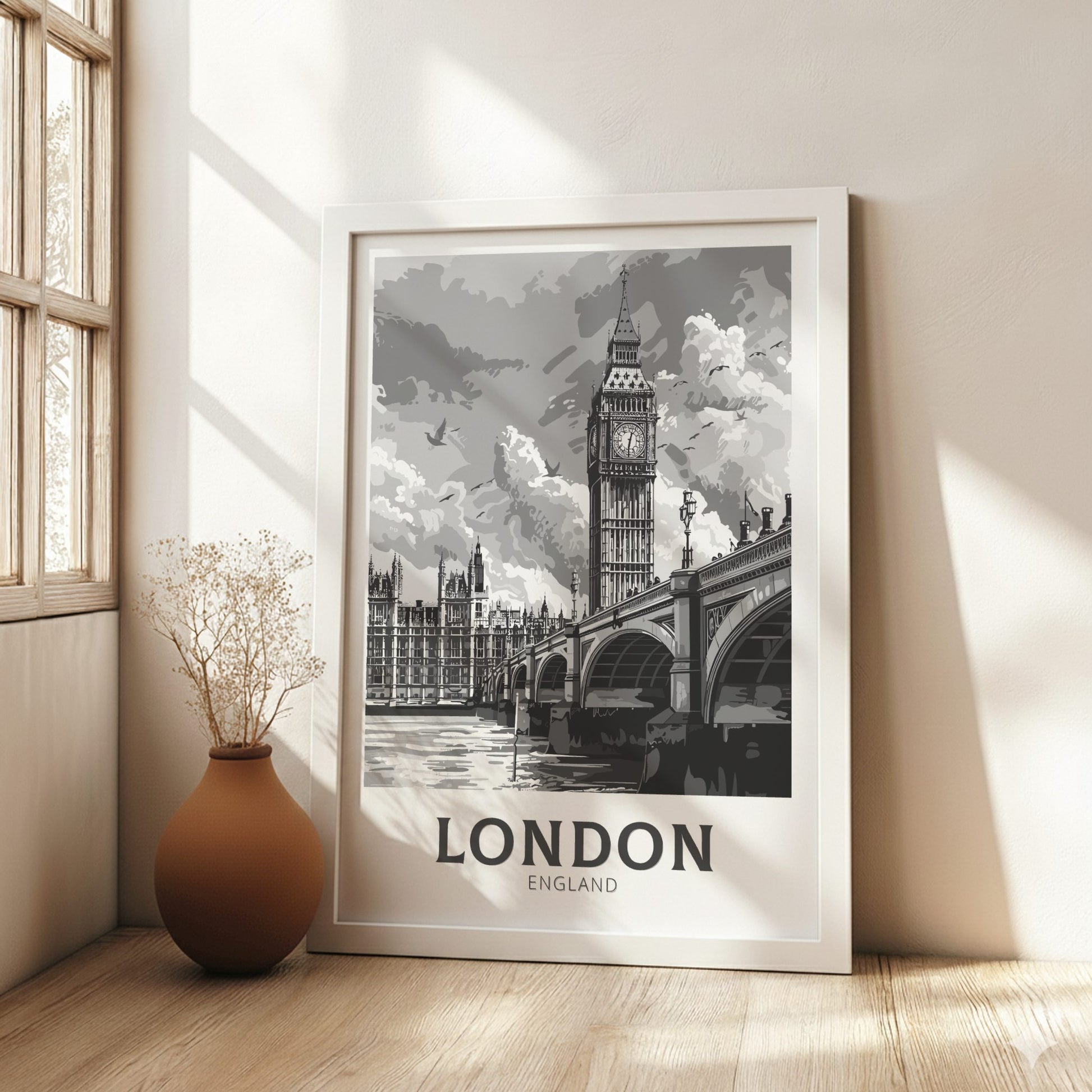 London black and white travel poster on a white frame