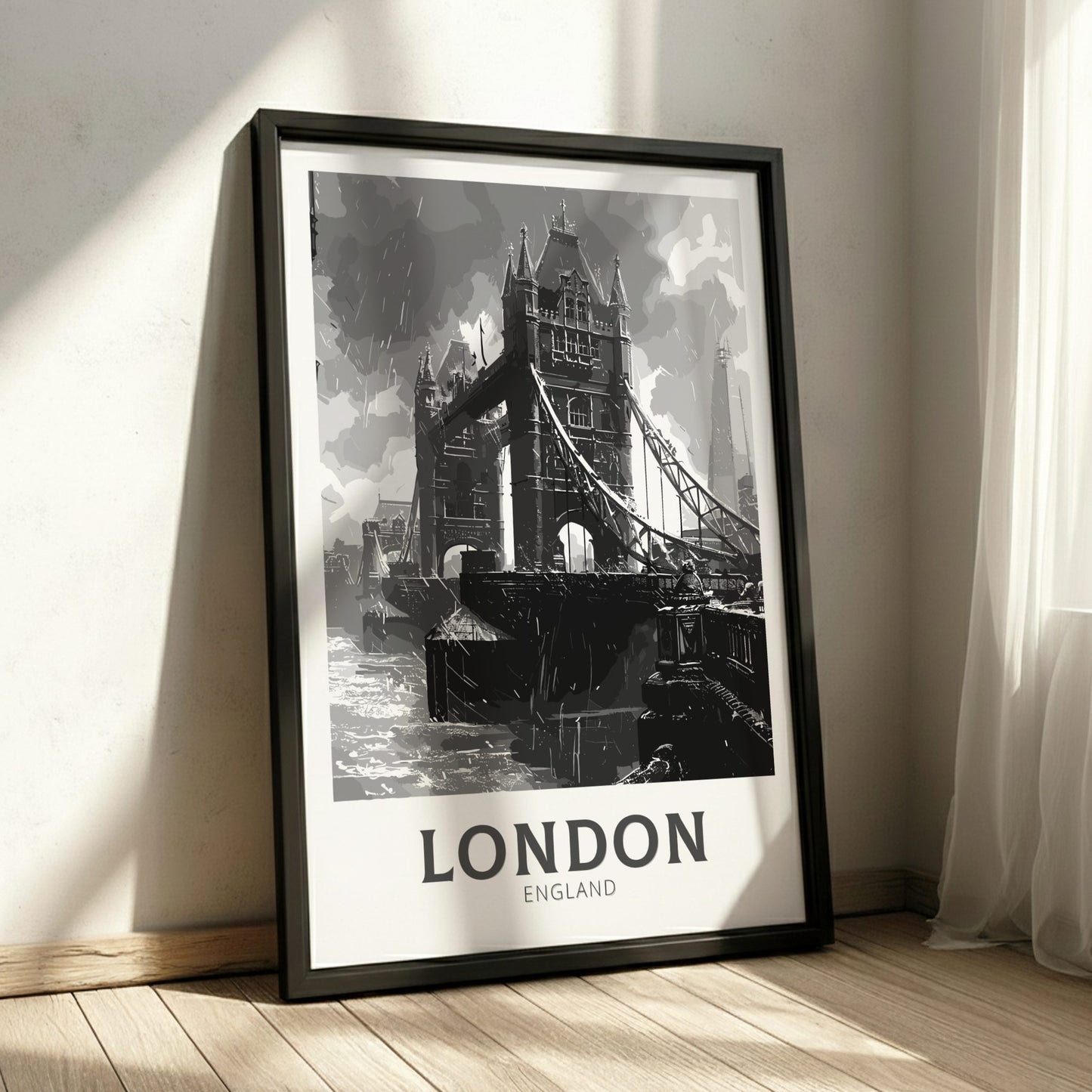 London Tower Bridge, black and white travel poster on a black frame