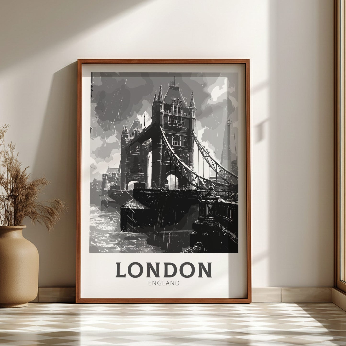 London Tower Bridge, black and white travel poster on a dark wood frame