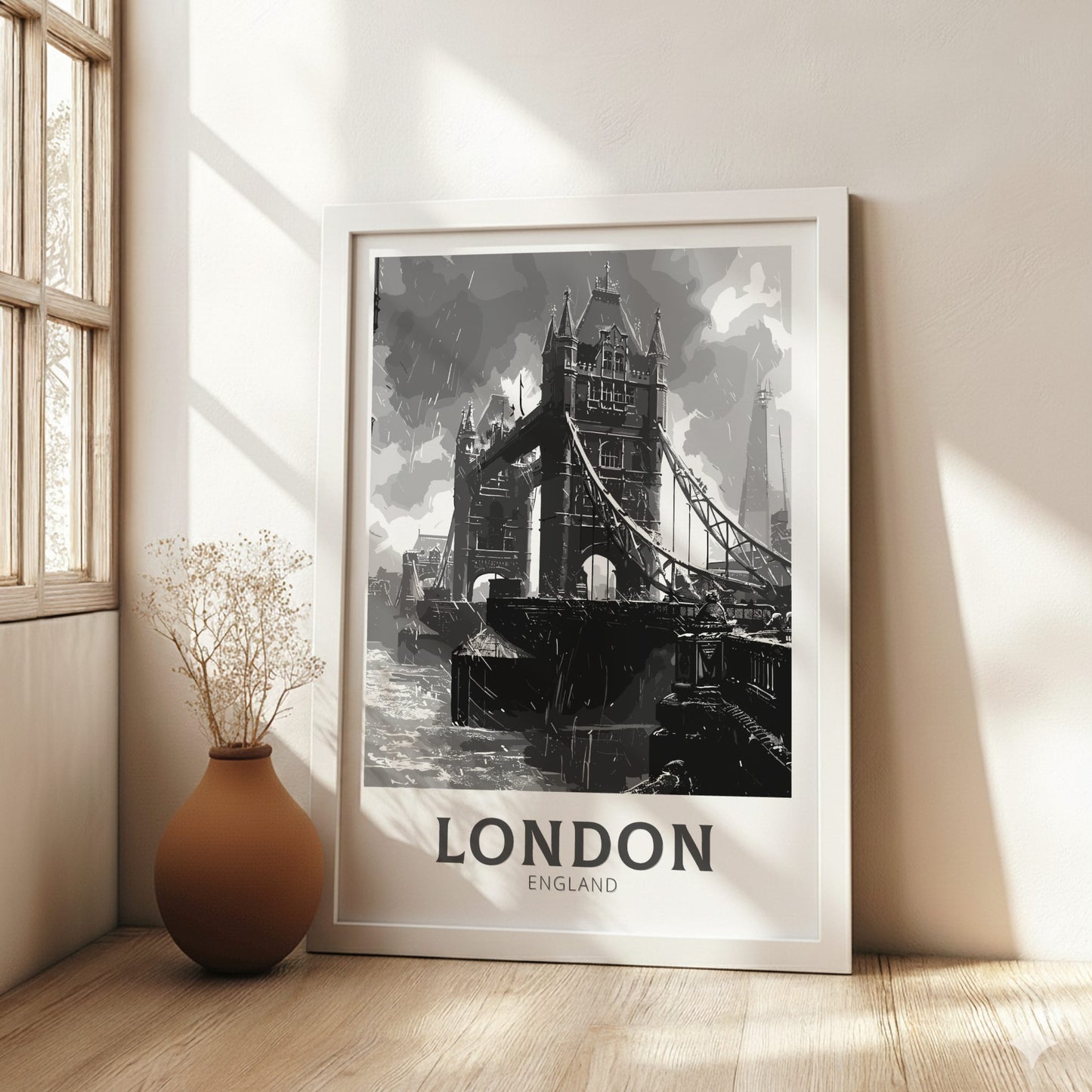 London Tower Bridge, black and white travel poster on a white frame