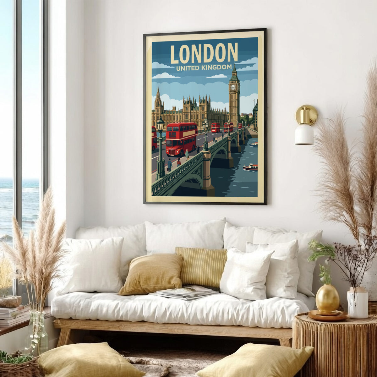 Poster featuring the London skyline with red buses crossing a bridge near Big Ben.