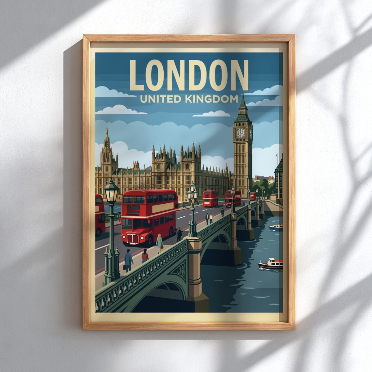 Poster featuring the London skyline with red buses crossing a bridge near Big Ben.