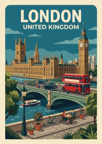 London travel poster featuring Big Ben, the Houses of Parliament, and red bus.