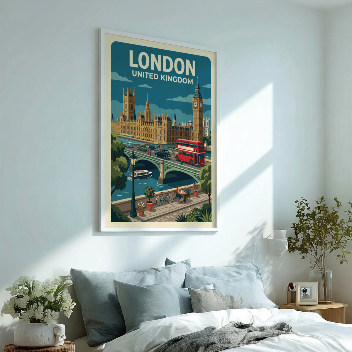 London travel poster featuring Big Ben, the Houses of Parliament, and red bus.