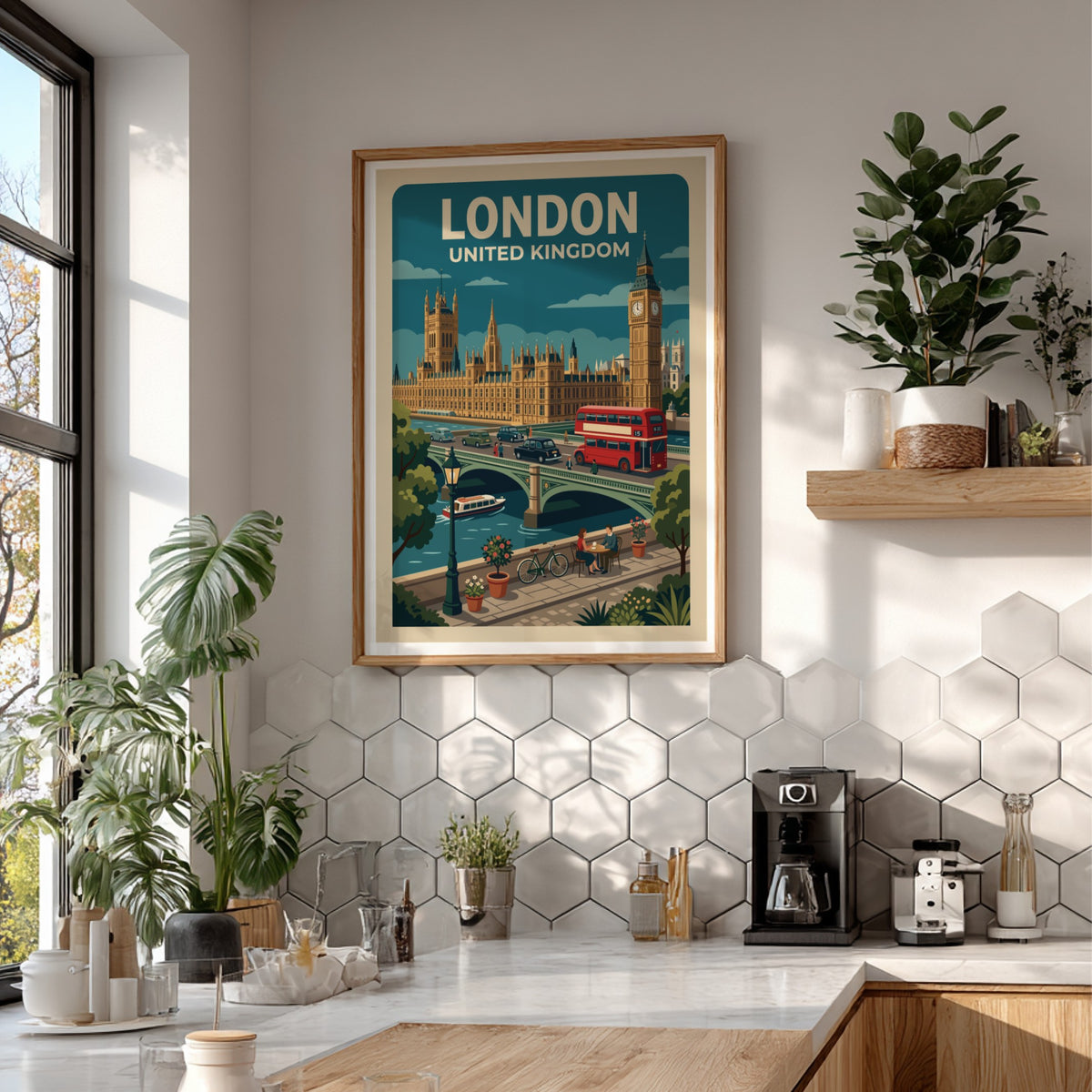 London travel poster featuring Big Ben, the Houses of Parliament, and red bus.