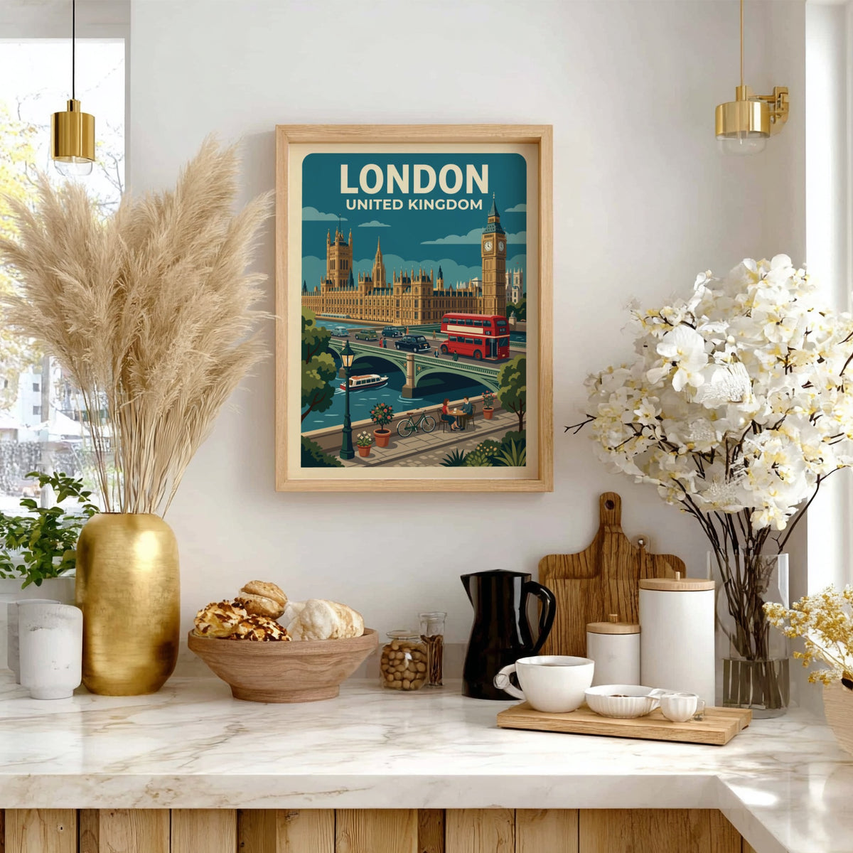 London travel poster featuring Big Ben, the Houses of Parliament, and red bus.
