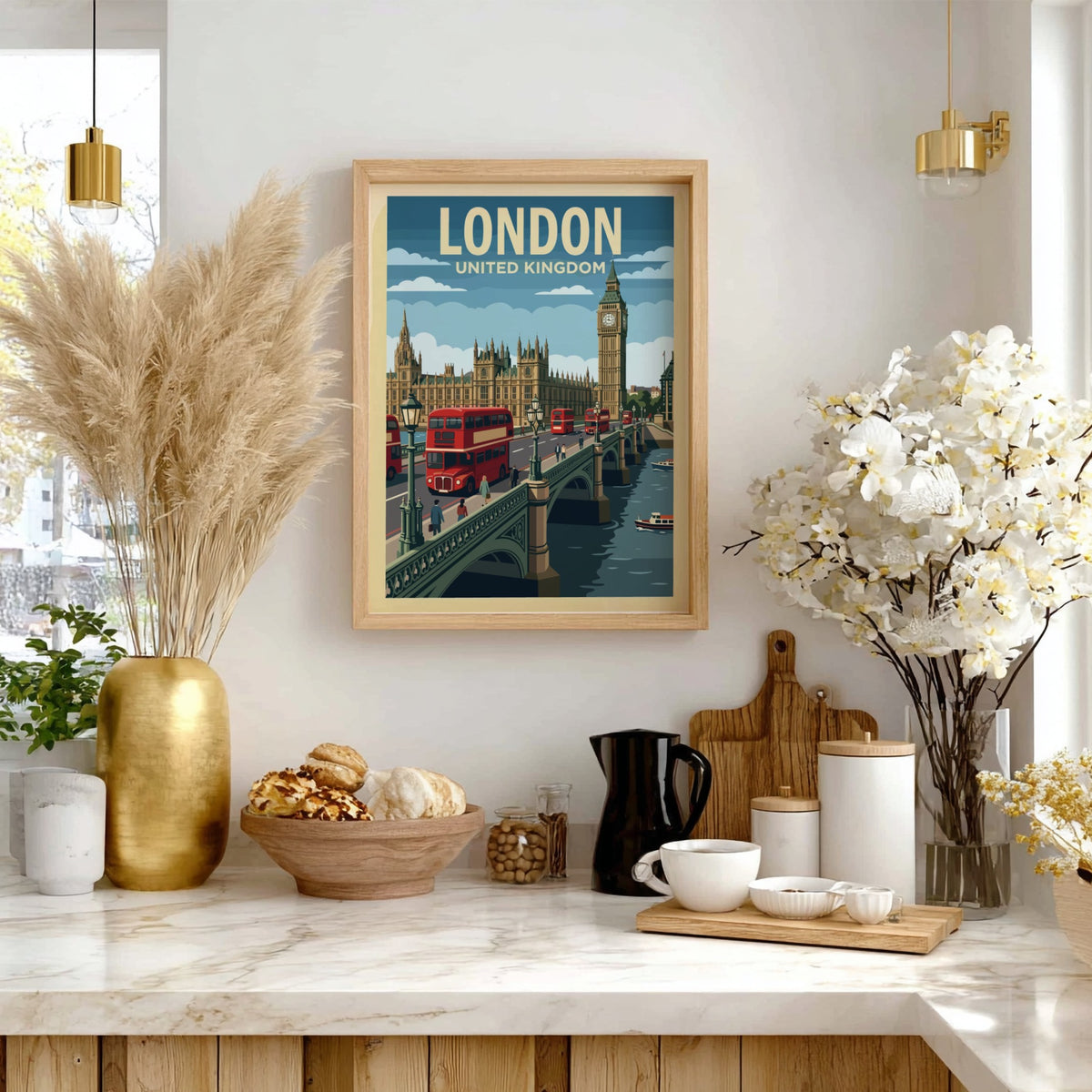 Poster featuring the London skyline with red buses crossing a bridge near Big Ben.