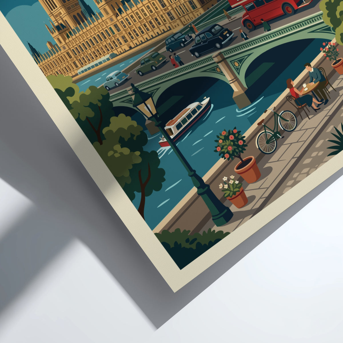 London travel poster featuring Big Ben, the Houses of Parliament, and red bus.