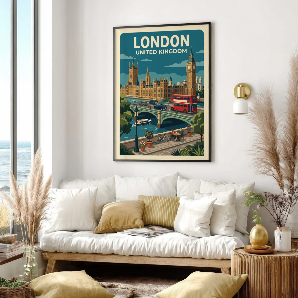 London travel poster featuring Big Ben, the Houses of Parliament, and red bus.