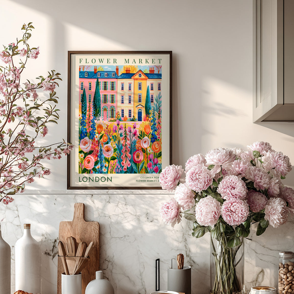 Flower market poster featuring vibrant flowers and city buildings in pink and yellow tones