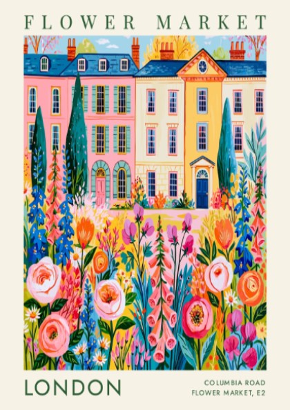 Flower market poster featuring vibrant flowers and city buildings in pink and yellow tones