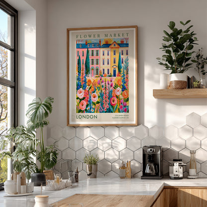 Flower market poster featuring vibrant flowers and city buildings in pink and yellow tones