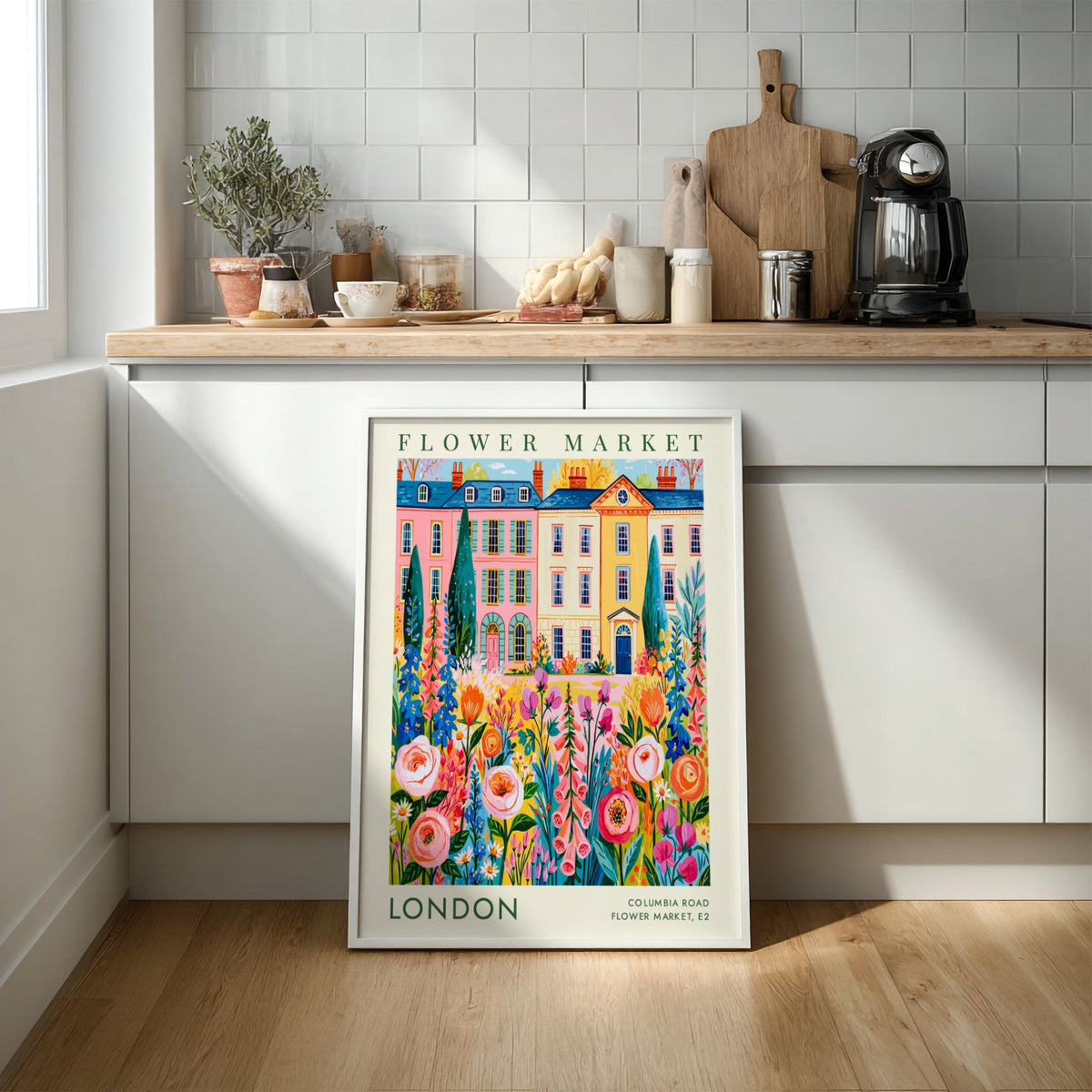 Flower market poster featuring vibrant flowers and city buildings in pink and yellow tones