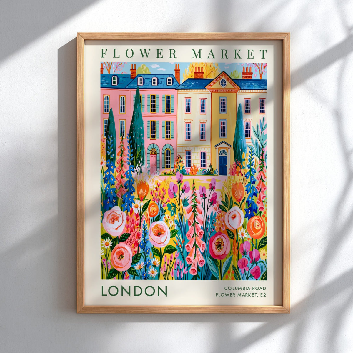 Flower market poster featuring vibrant flowers and city buildings in pink and yellow tones