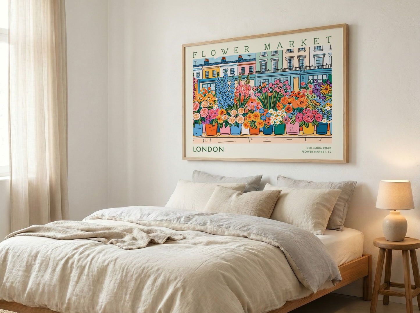 Flower market poster showcasing colorful flowers in London