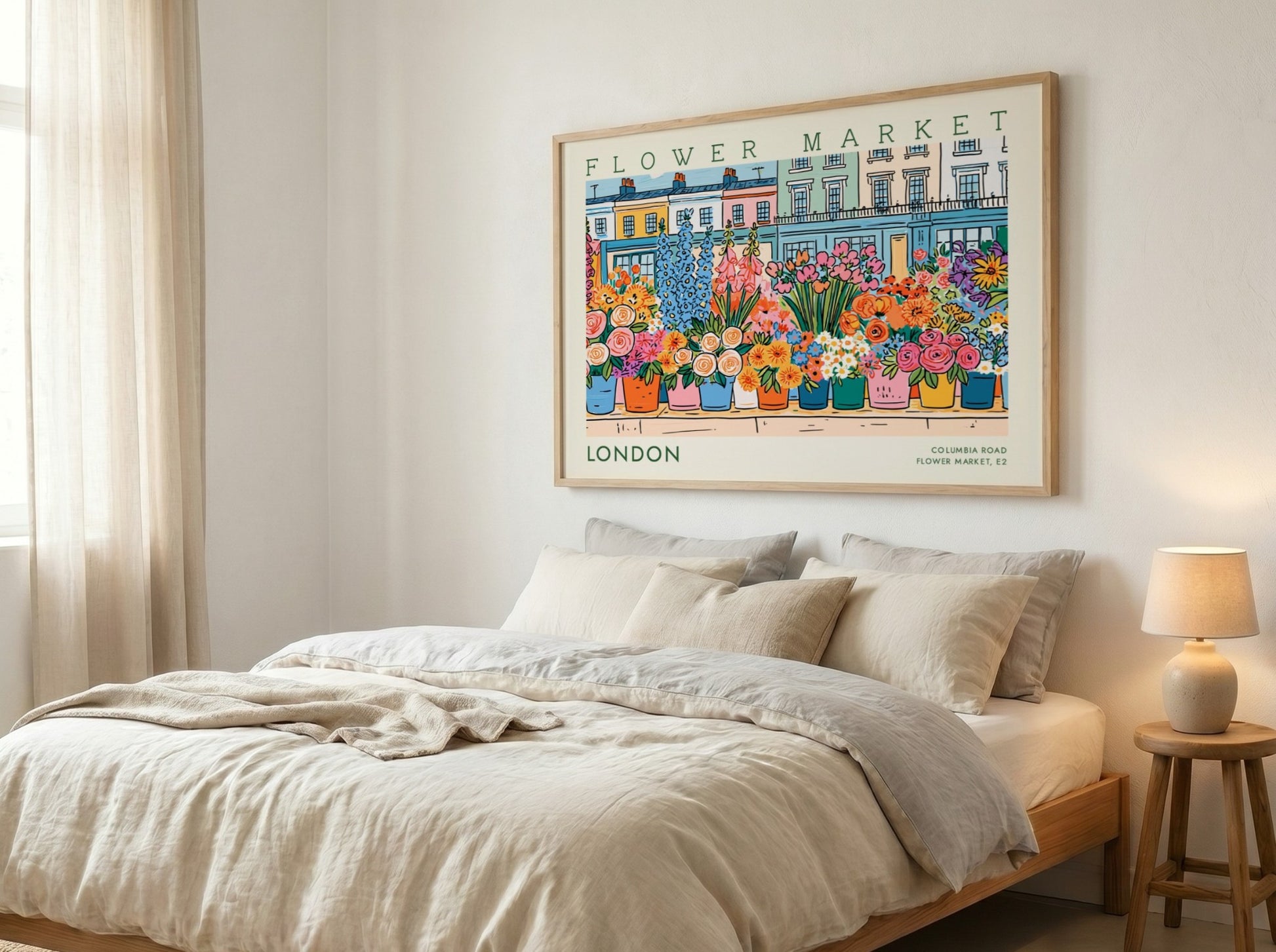 Flower market poster showcasing colorful flowers in London