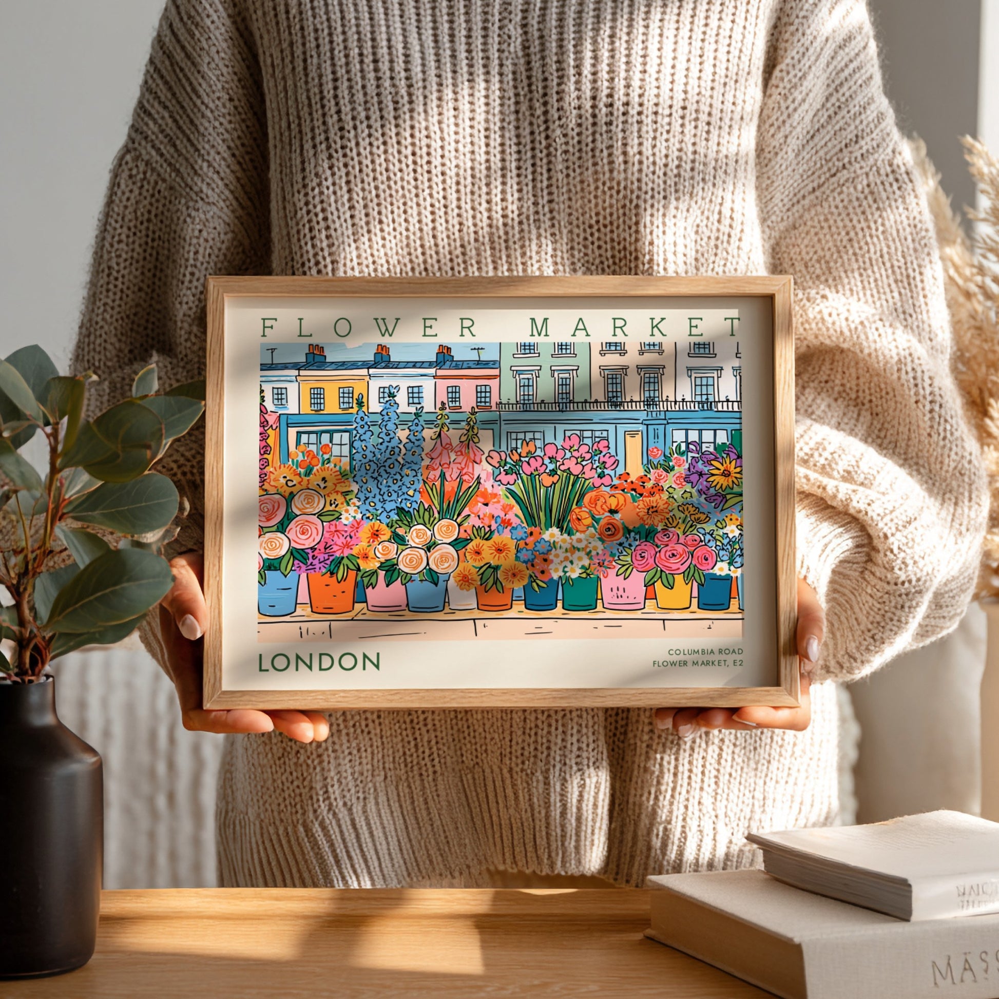 Flower market poster showcasing colorful flowers in London