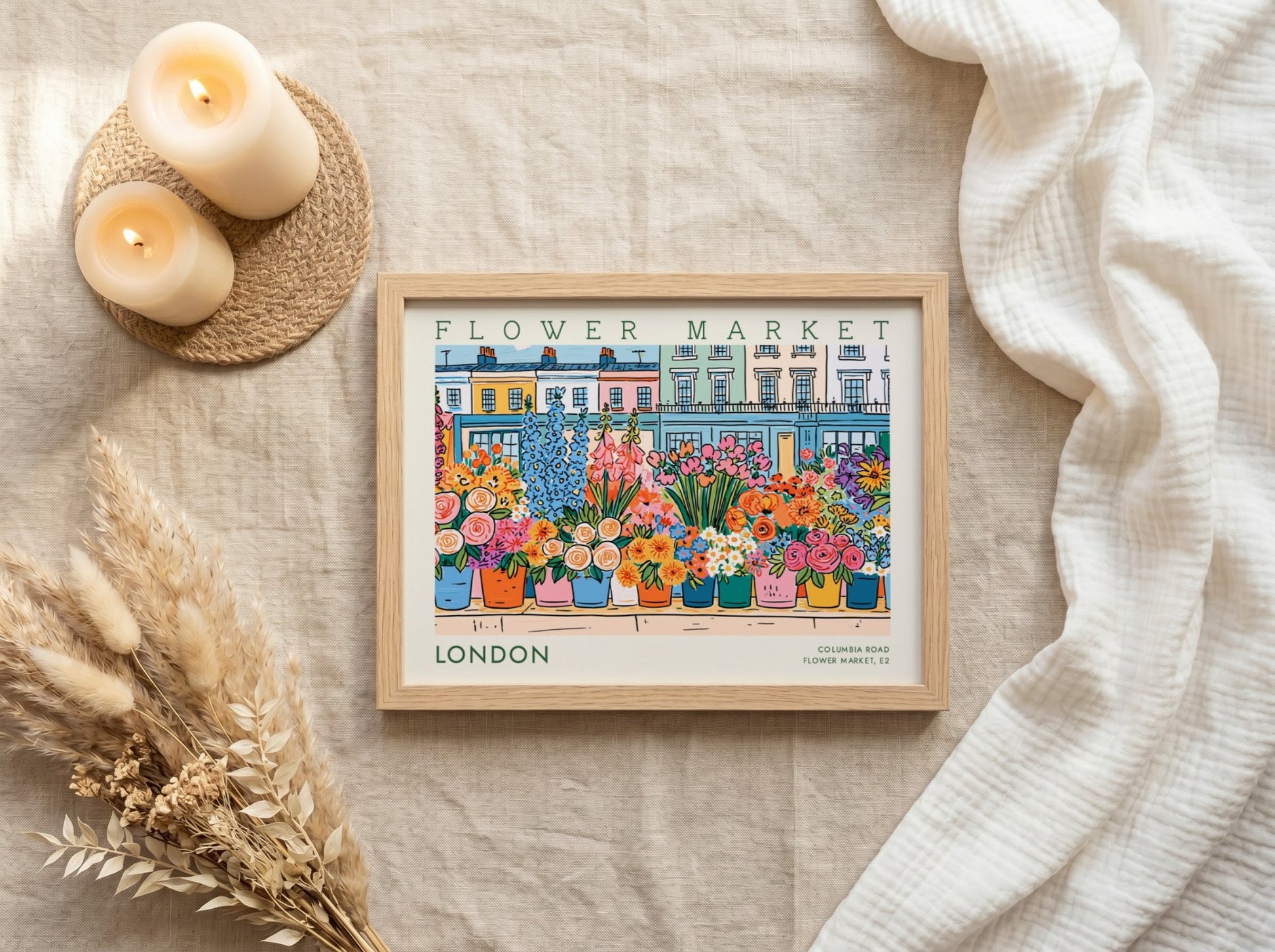 Flower market poster showcasing colorful flowers in London