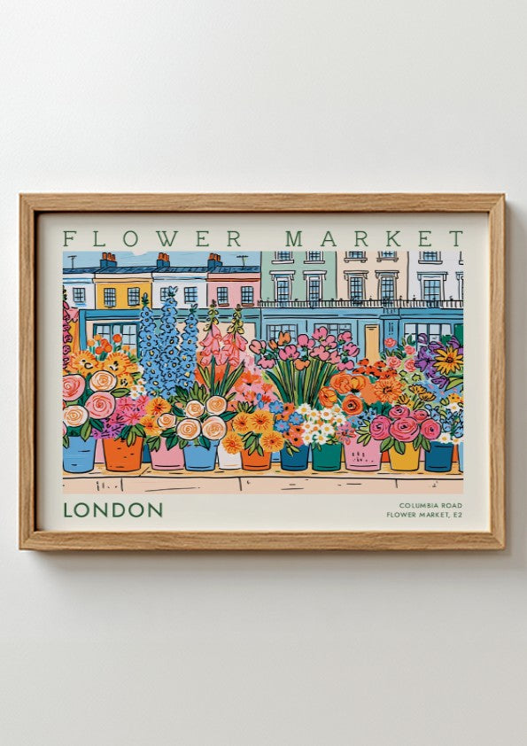 Flower market poster showcasing colorful flowers in London
