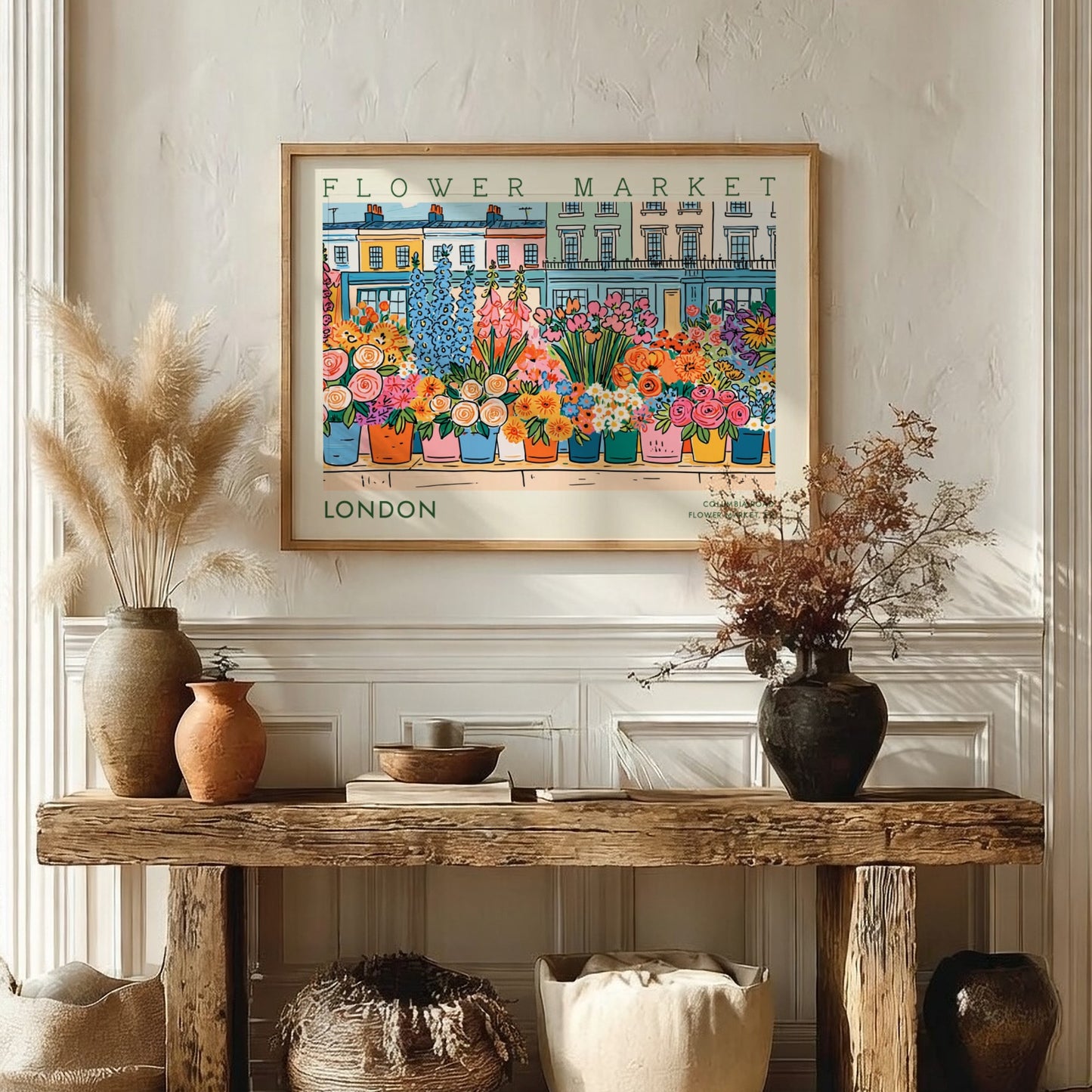 Flower market poster showcasing colorful flowers in London