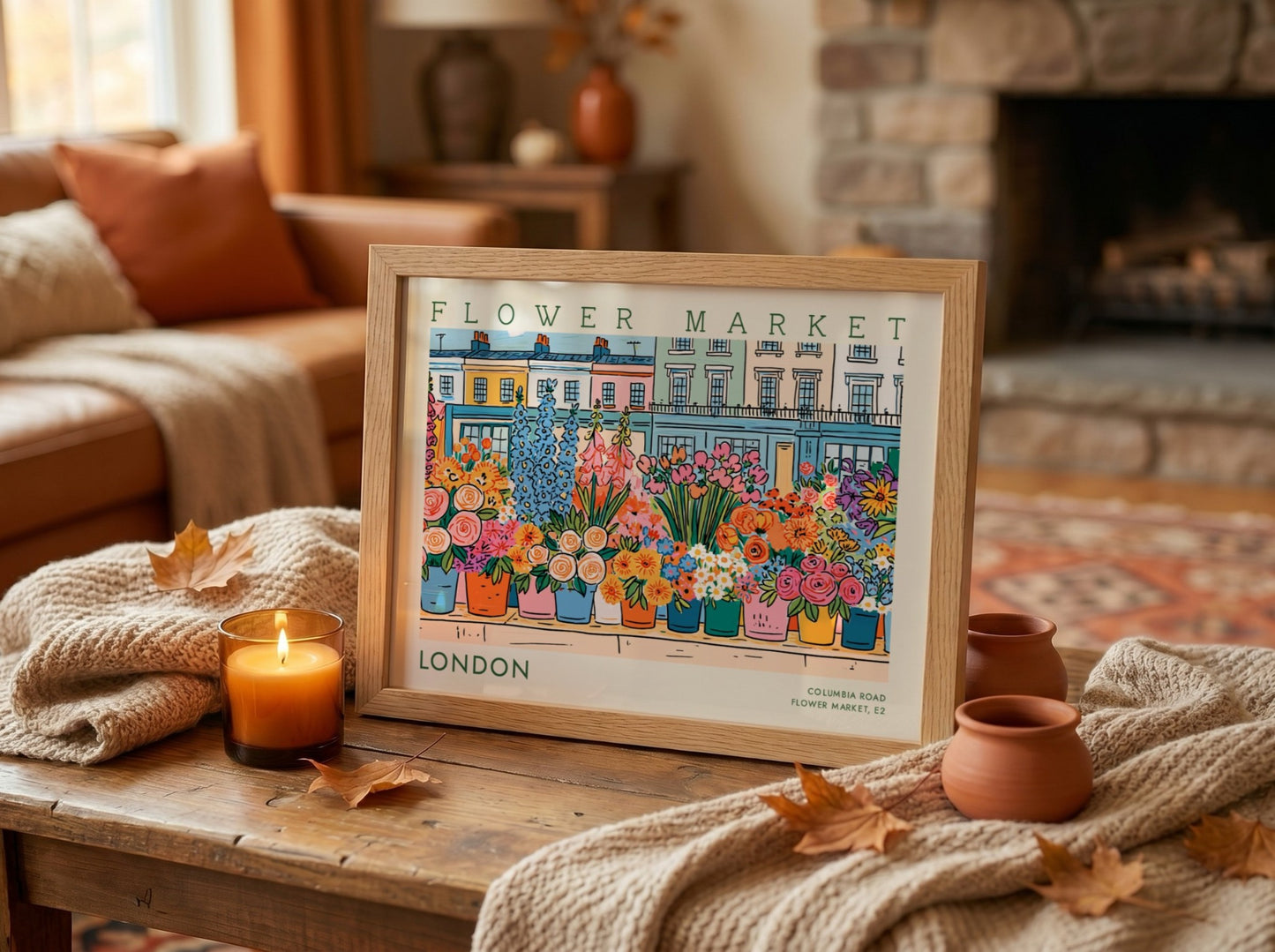 Flower market poster showcasing colorful flowers in London