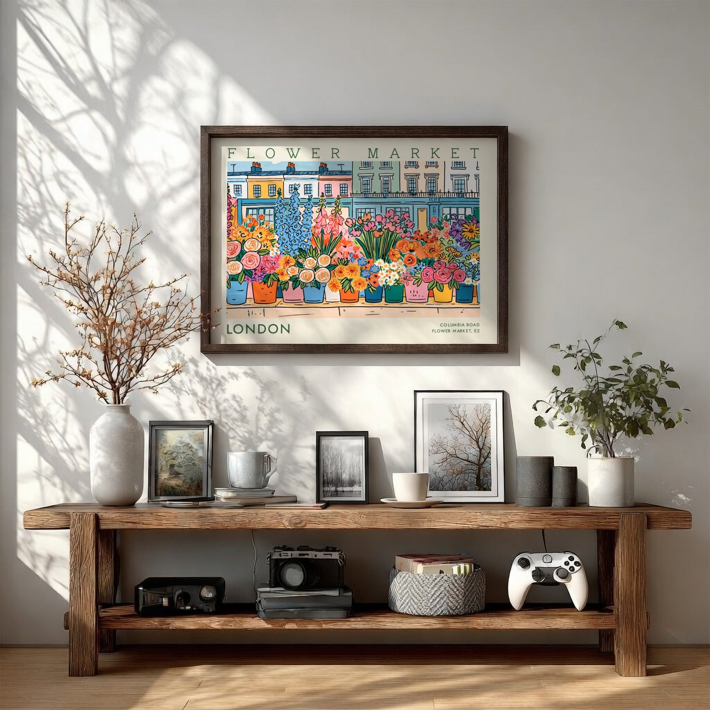 Flower market poster showcasing colorful flowers in London