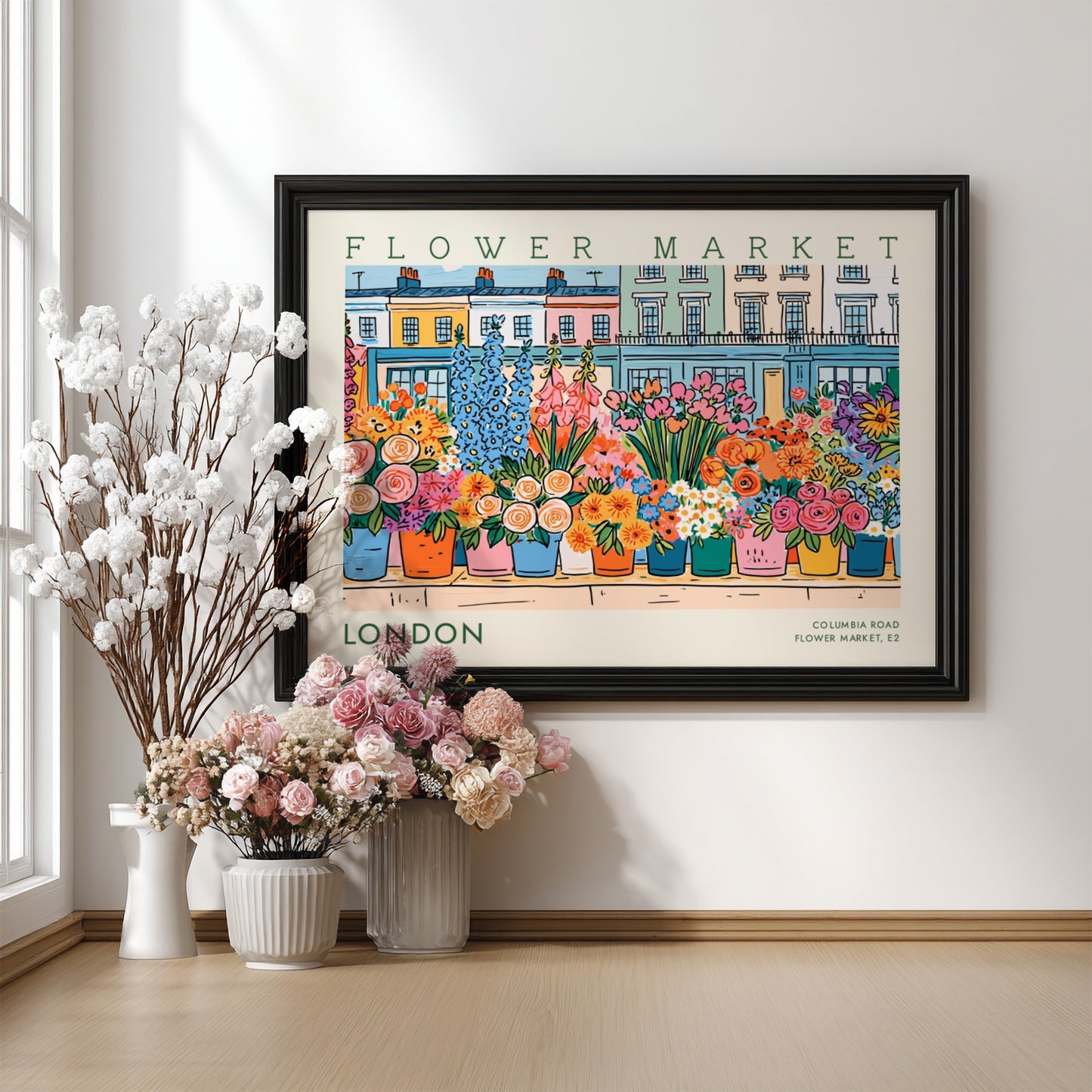 Flower market poster showcasing colorful flowers in London