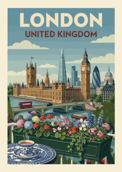 Vintage London skyline travel poster with Houses of Parliament, Big Ben, and floral balcony.