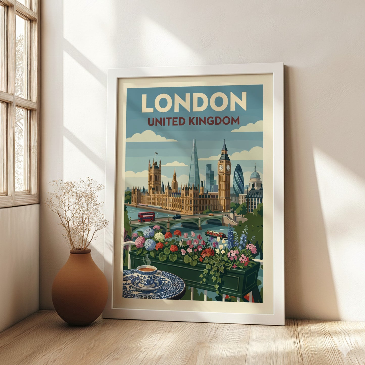Vintage London skyline travel poster with Houses of Parliament, Big Ben, and floral balcony.