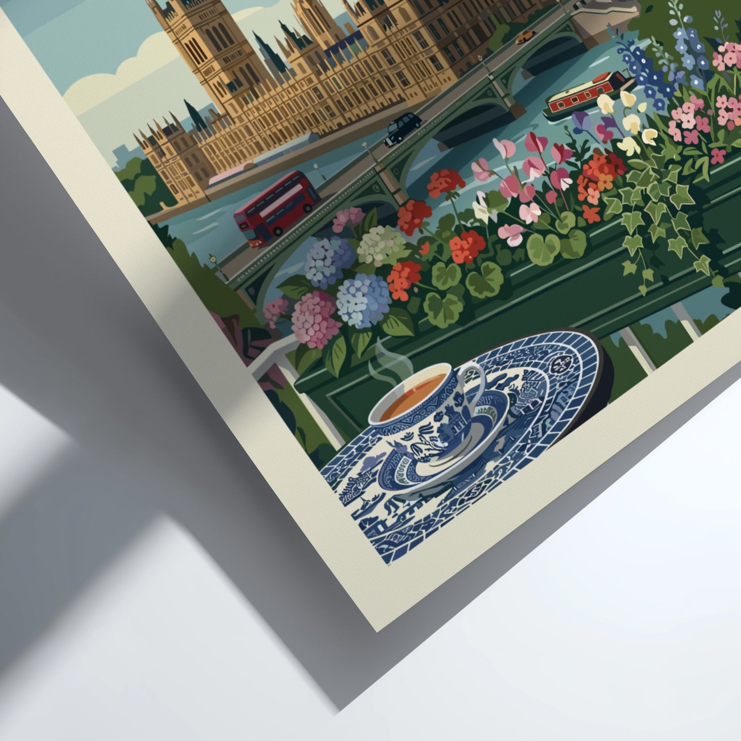 Vintage London skyline travel poster with Houses of Parliament, Big Ben, and floral balcony.