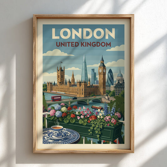 Vintage London skyline travel poster with Houses of Parliament, Big Ben, and floral balcony.