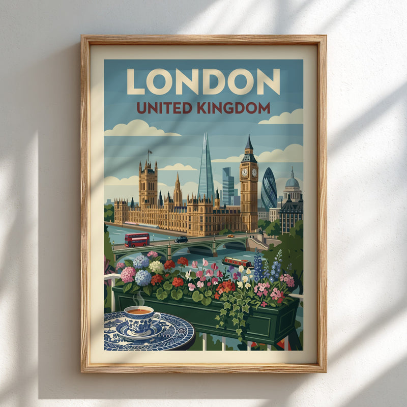Vintage London skyline travel poster with Houses of Parliament, Big Ben, and floral balcony.