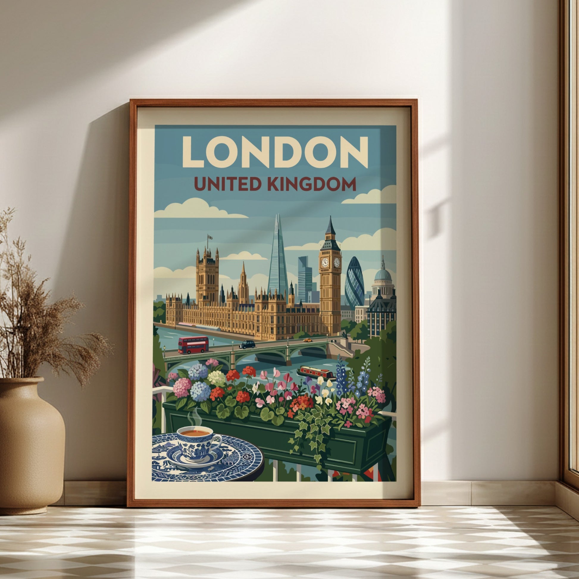 Vintage London skyline travel poster with Houses of Parliament, Big Ben, and floral balcony.