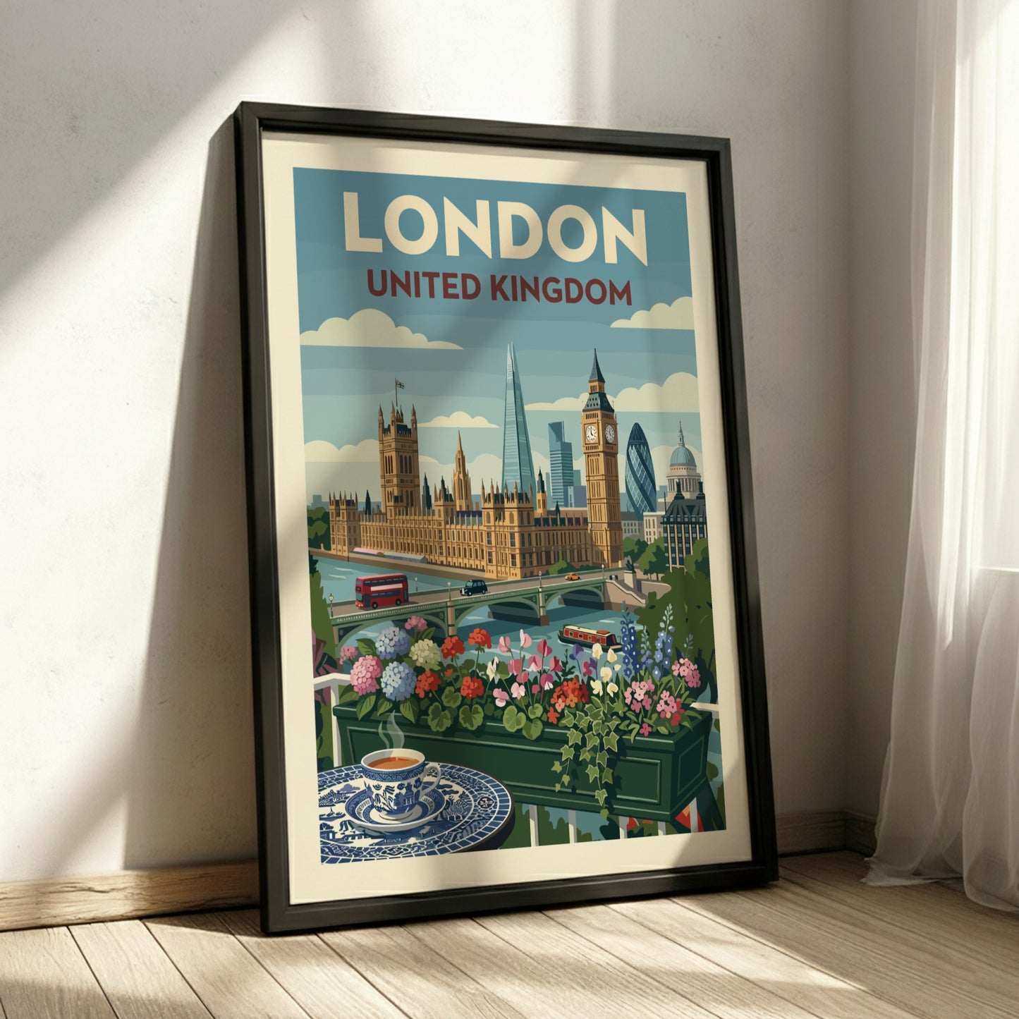 Vintage London skyline travel poster with Houses of Parliament, Big Ben, and floral balcony.