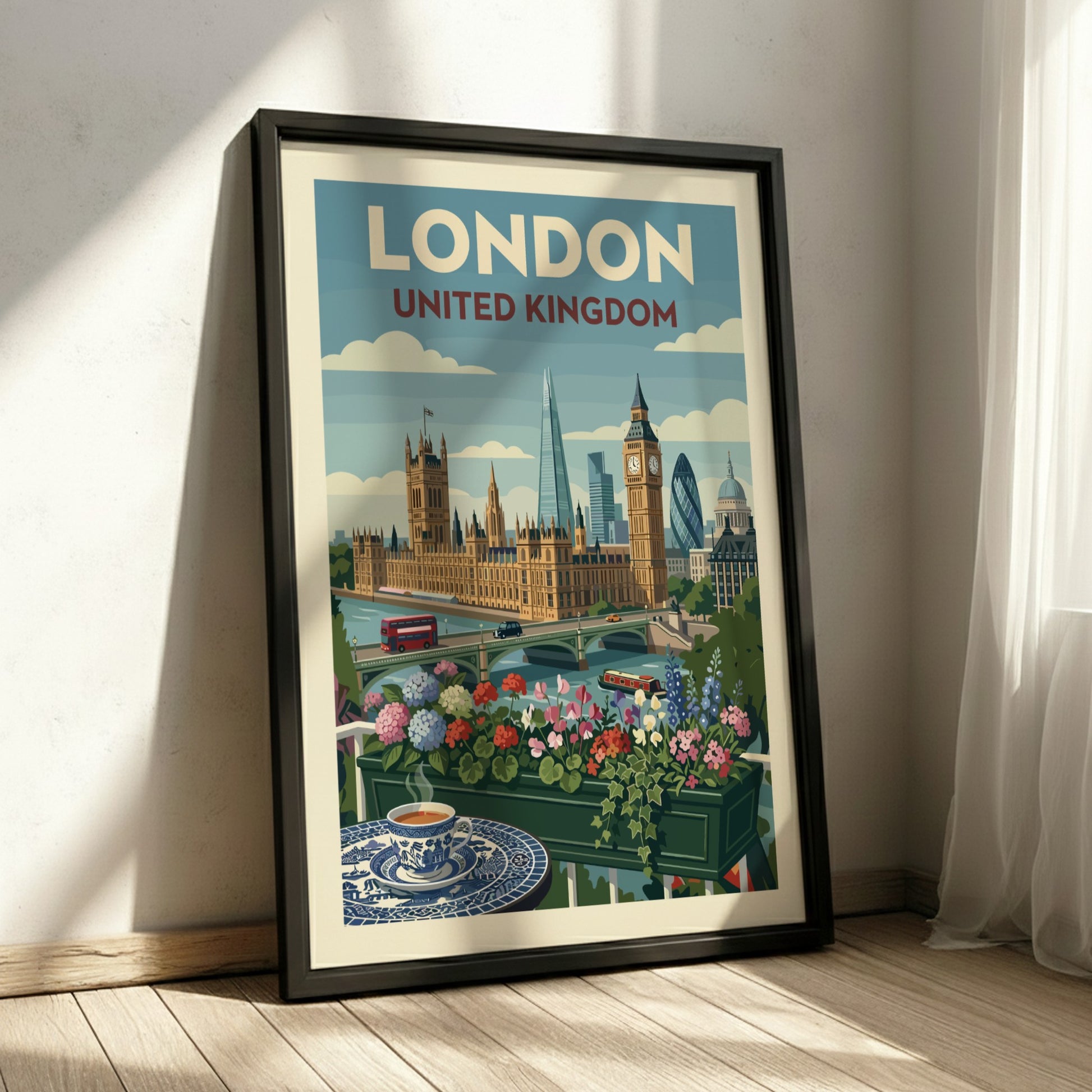 Vintage London skyline travel poster with Houses of Parliament, Big Ben, and floral balcony.