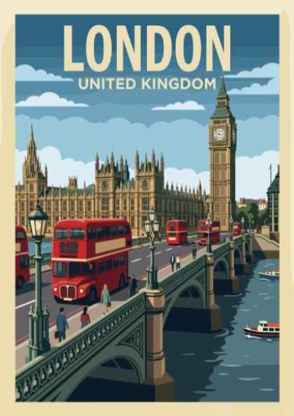 Poster featuring the London skyline with red buses crossing a bridge near Big Ben.