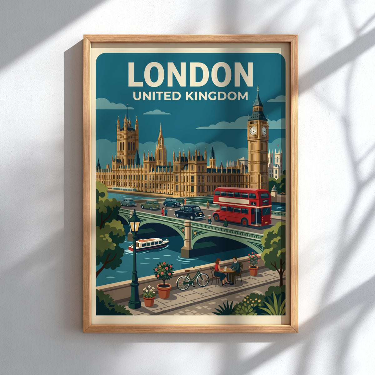 London travel poster featuring Big Ben, the Houses of Parliament, and red bus.