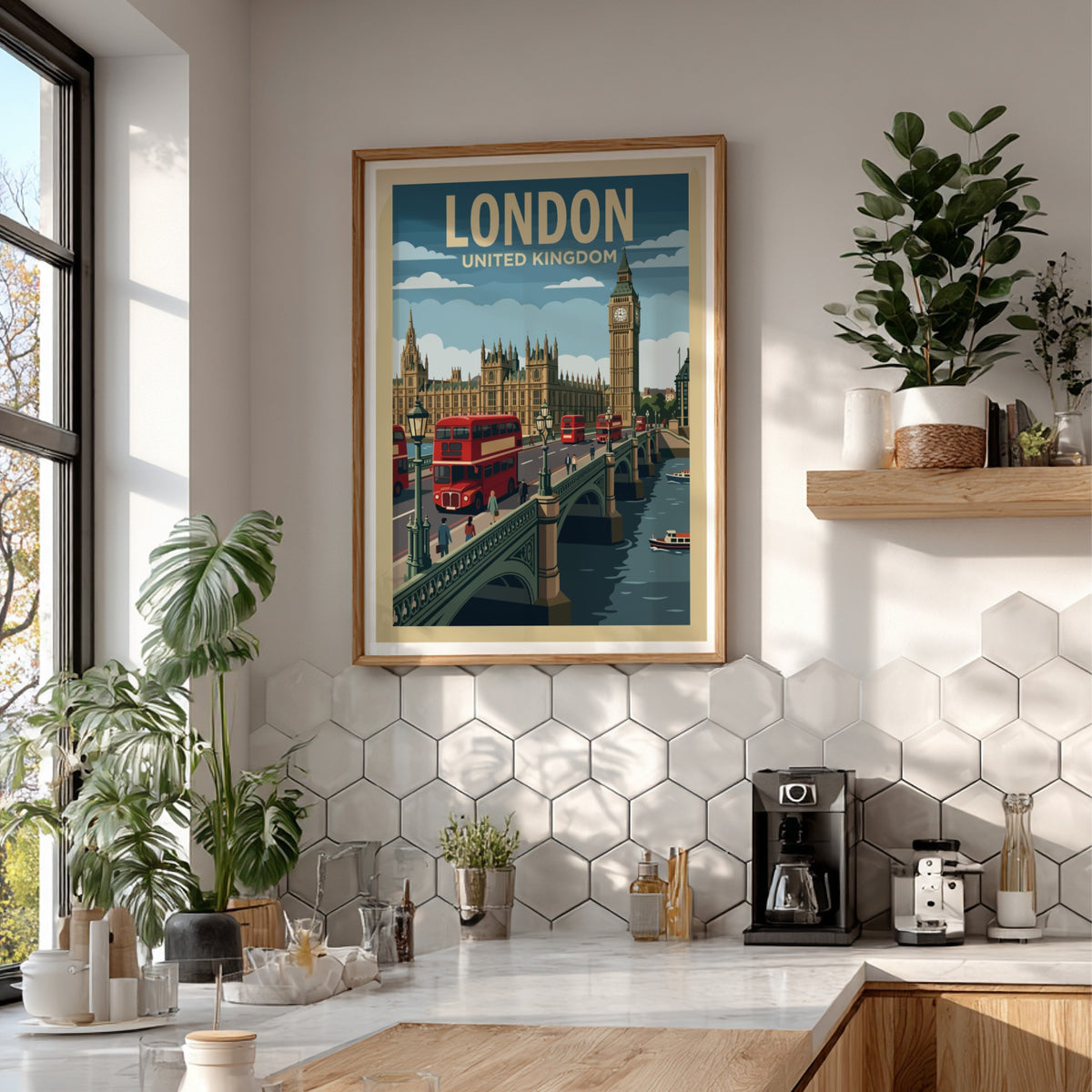 Poster featuring the London skyline with red buses crossing a bridge near Big Ben.