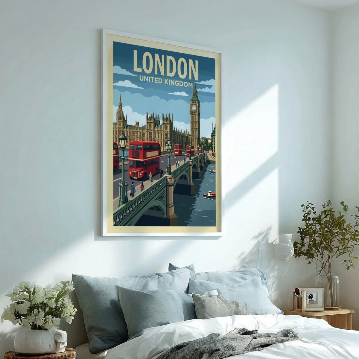 Poster featuring the London skyline with red buses crossing a bridge near Big Ben.